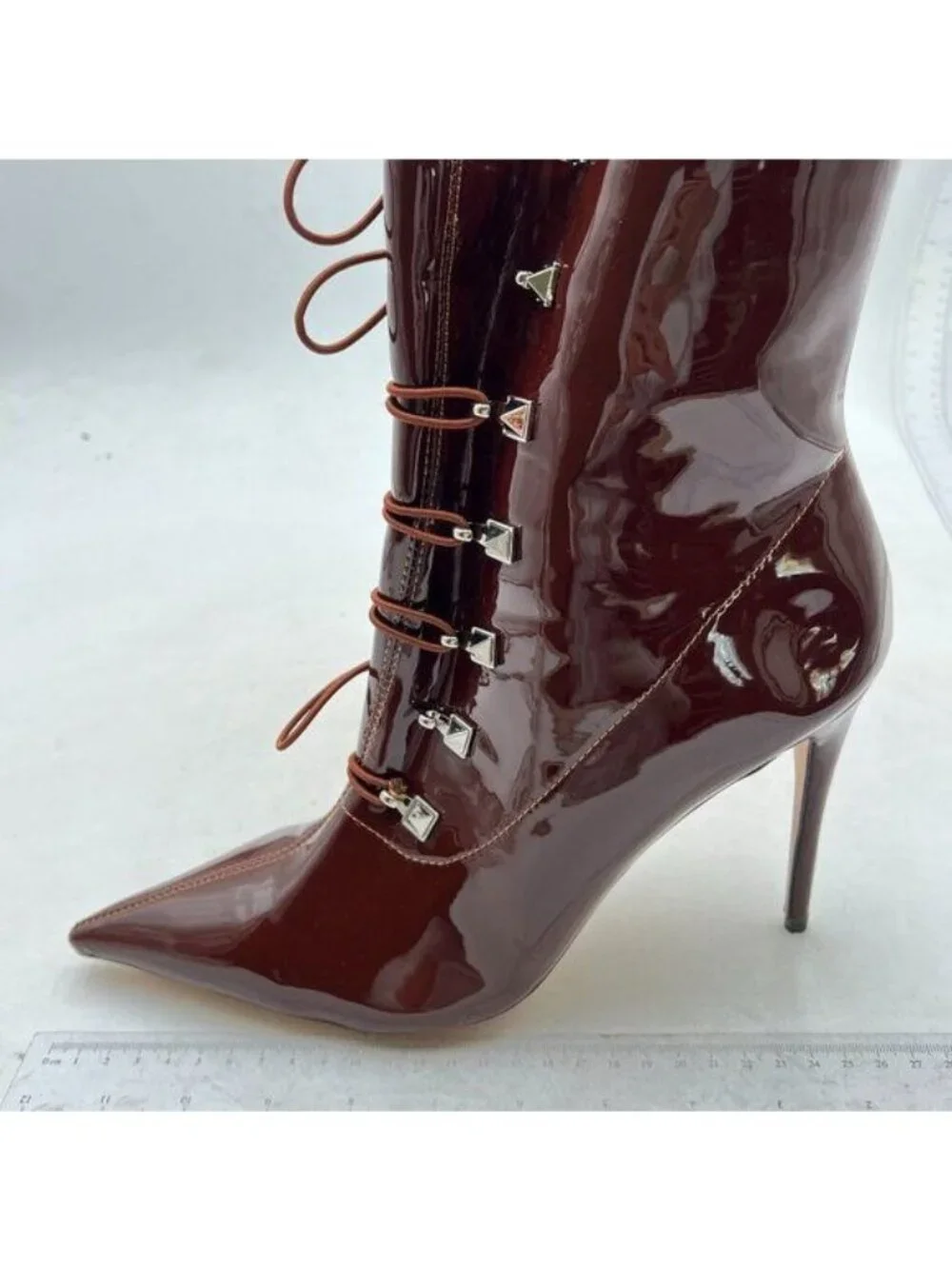 FSJ Women Thin High Heel Ankle Boots Lace up Studded Stilettos Booties Brown